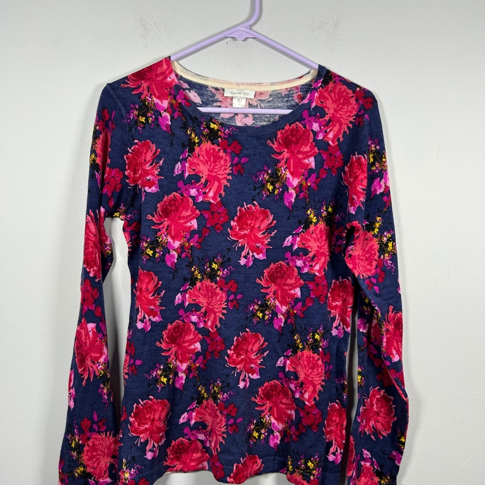 Garnet Hill Merino Wool Sweater Womens M Blue Pink Floral Pullover Lightweight